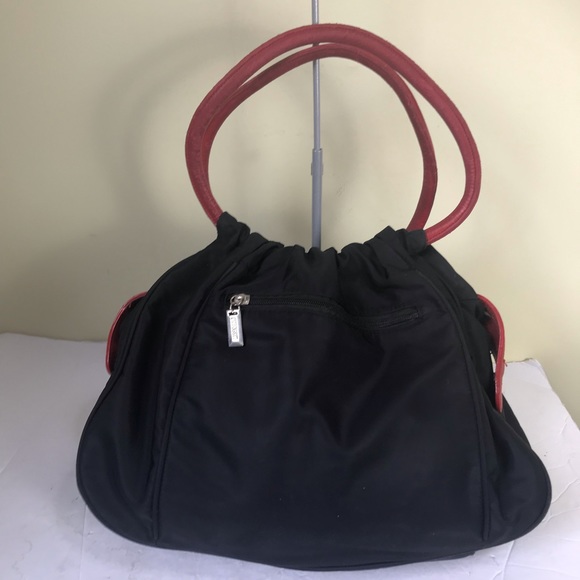 MOSCHINO Vintage 90s Nylon Leather Shoulder Bag Hobo Zipper Pocket Red Logo Tote - Picture 2 of 16